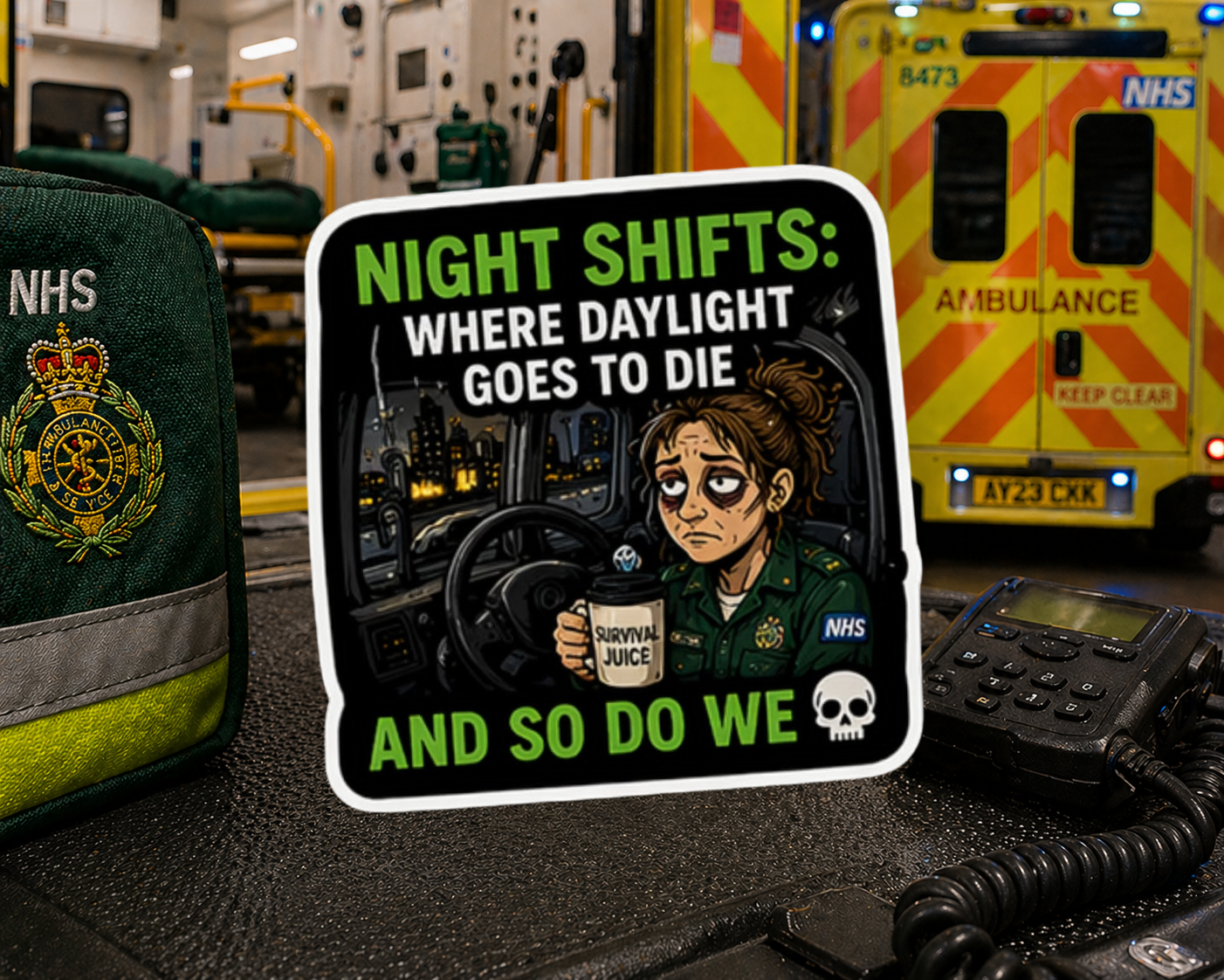 Night Shifts: Where Daylight Goes To Die And So Do We Sticker
